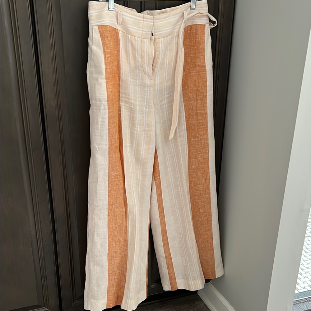 Cream and Orange Striped Wide-Leg Pants